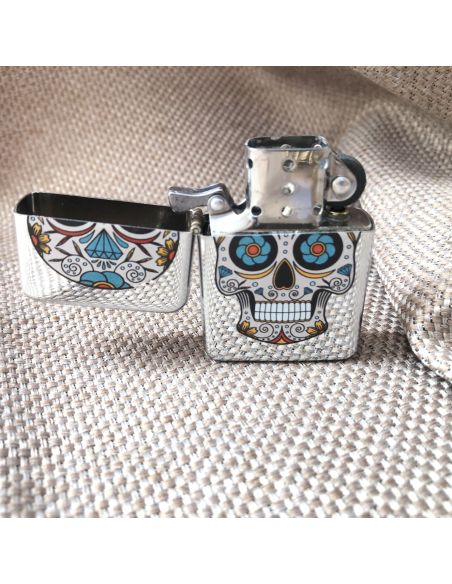 Briquet Essence à Clapet Rechargeable / Motif Crâne Mexicain (Calavera) / 6 Modèles Différents