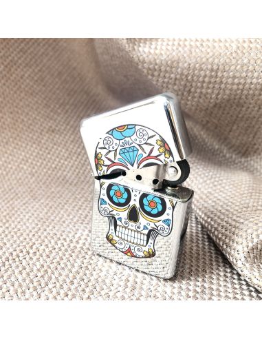 Briquet Essence à Clapet Rechargeable / Motif Crâne Mexicain (Calavera) / 6 Modèles Différents
