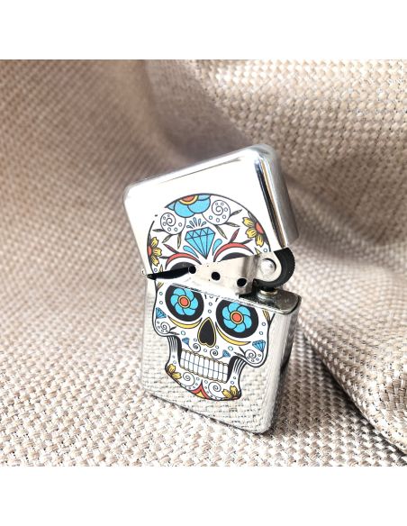 Briquet Essence à Clapet Rechargeable / Motif Crâne Mexicain (Calavera) / 6 Modèles Différents