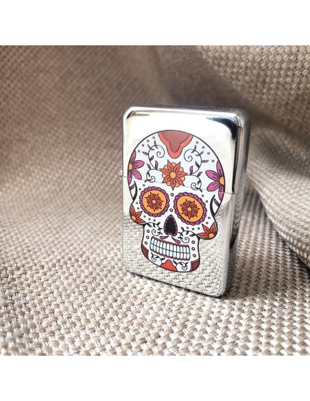 Briquet Essence à Clapet Rechargeable / Motif Crâne Mexicain (Calavera) / 6 Modèles Différents