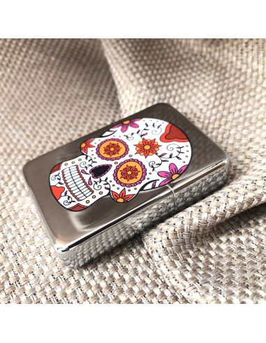 Briquet Essence à Clapet Rechargeable / Motif Crâne Mexicain (Calavera) / 6 Modèles Différents