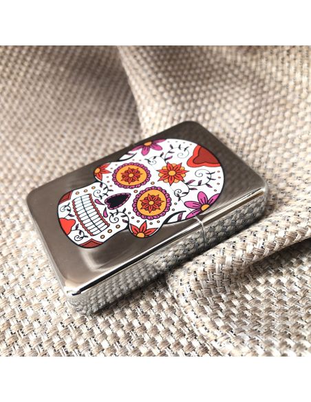 Briquet Essence à Clapet Rechargeable / Motif Crâne Mexicain (Calavera) / 6 Modèles Différents