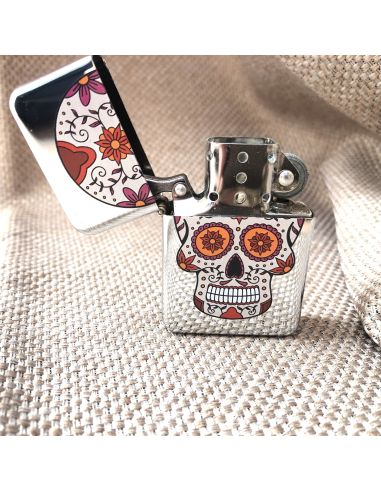Briquet Essence à Clapet Rechargeable / Motif Crâne Mexicain (Calavera) / 6 Modèles Différents