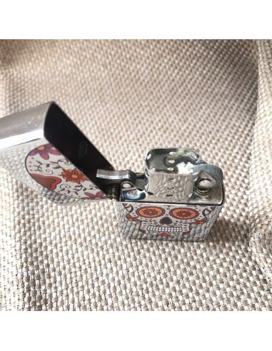 Briquet Essence à Clapet Rechargeable / Motif Crâne Mexicain (Calavera) / 6 Modèles Différents