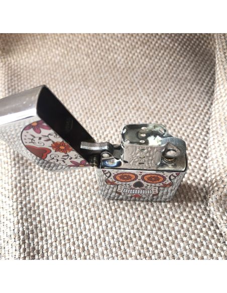 Briquet Essence à Clapet Rechargeable / Motif Crâne Mexicain (Calavera) / 6 Modèles Différents
