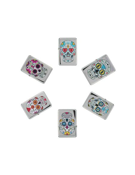 Briquet Essence à Clapet Rechargeable / Motif Crâne Mexicain (Calavera) / 6 Modèles Différents
