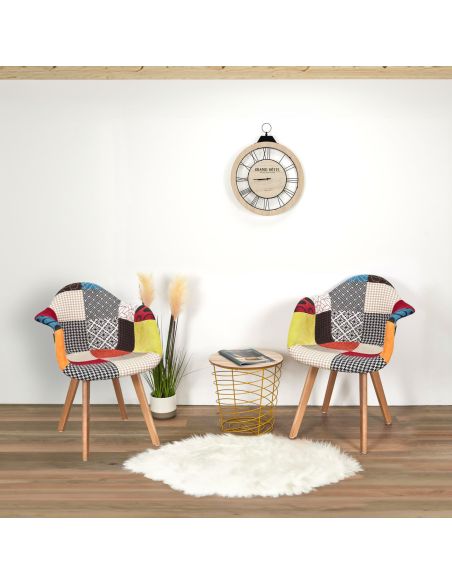 Lot de 2 Fauteuils scandinaves patchwork pieds bois - Multicolore