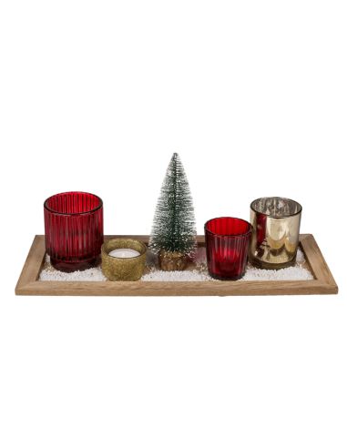 Plateau de photophores de Noêl - 4 verres déco + plateau en bois + petit sapin artificiel
