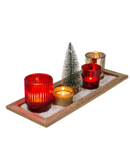 Plateau de photophores de Noêl - 4 verres déco + plateau en bois + petit sapin artificiel