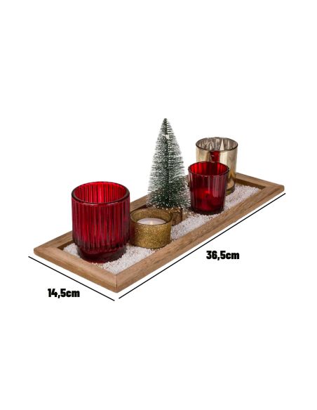 Plateau de photophores de Noêl - 4 verres déco + plateau en bois + petit sapin artificiel