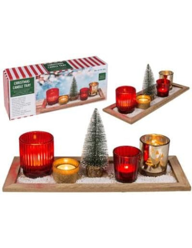 Plateau de photophores de Noêl - 4 verres déco + plateau en bois + petit sapin artificiel