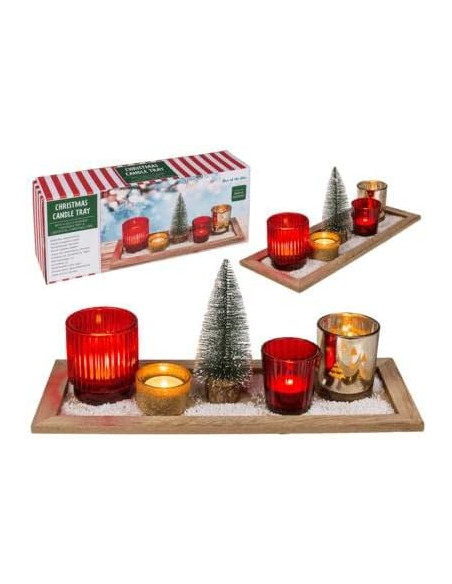 Plateau de photophores de Noêl - 4 verres déco + plateau en bois + petit sapin artificiel