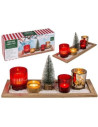 Plateau de photophores de Noêl - 4 verres déco + plateau en bois + petit sapin artificiel