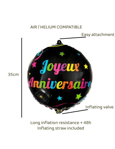 Ballon Métallique Rond Multicolore "Joyeux Anniversaire" - Dimension 35 cm