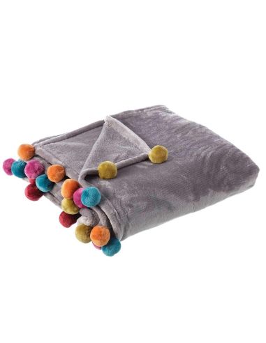 Plaid de Canapé Gris avec Pompons Multicolores - Dimensions : 130 x 160 cm
