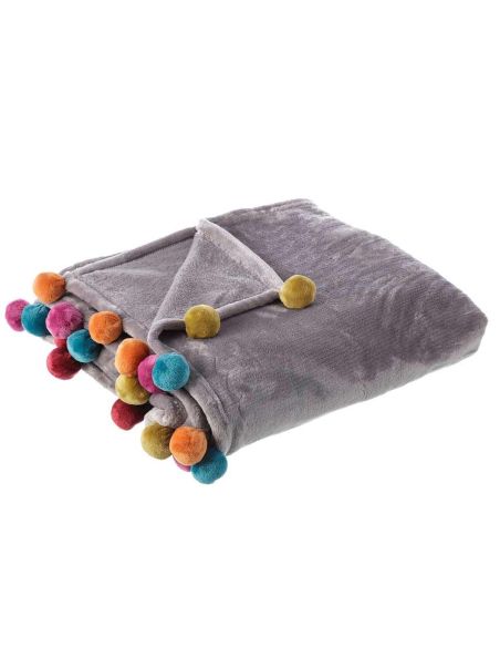 Plaid de Canapé Gris avec Pompons Multicolores - Dimensions : 130 x 160 cm