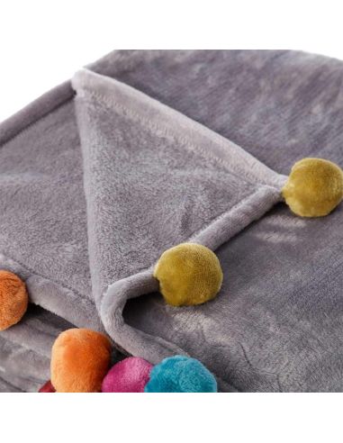 Plaid de Canapé Gris avec Pompons Multicolores - Dimensions : 130 x 160 cm