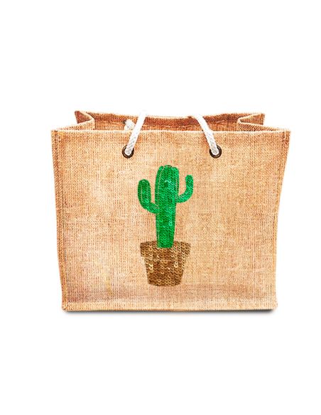 Sac d'Été en Toile de Jute avec Cactus en Sequin / Dimensions : 42 x 34 cm