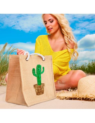 Sac d'Été en Toile de Jute avec Cactus en Sequin / Dimensions : 42 x 34 cm