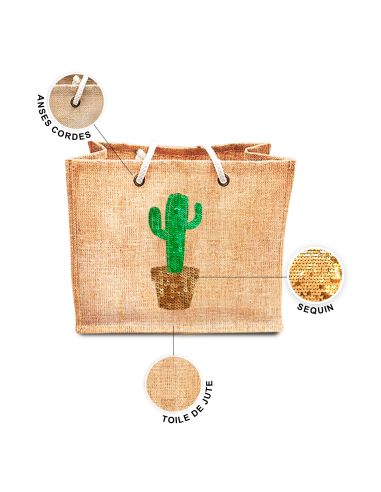 Sac d'Été en Toile de Jute avec Cactus en Sequin / Dimensions : 42 x 34 cm