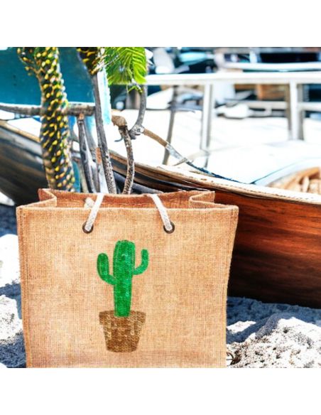 Sac d'Été en Toile de Jute avec Cactus en Sequin / Dimensions : 42 x 34 cm