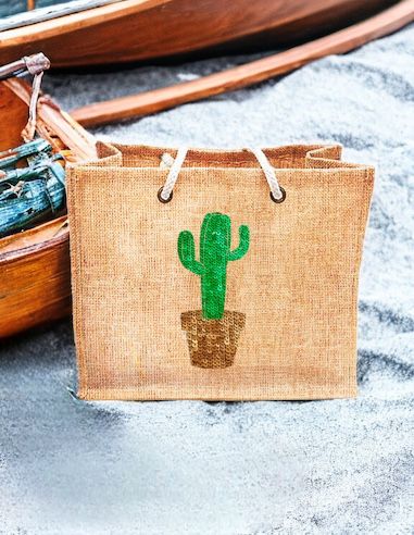 Sac d'Été en Toile de Jute avec Cactus en Sequin / Dimensions : 42 x 34 cm