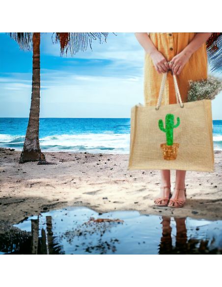 Sac d'Été en Toile de Jute avec Cactus en Sequin / Dimensions : 42 x 34 cm
