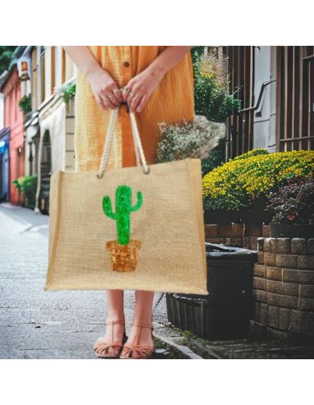 Sac d'Été en Toile de Jute avec Cactus en Sequin / Dimensions : 42 x 34 cm