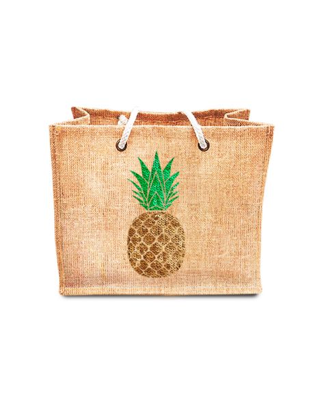 Sac d'Été en Toile de Jute avec Ananas en Sequin / Dimensions : 42 x 34 cm