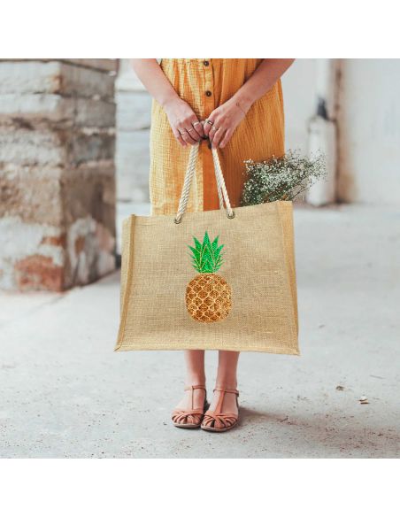 Sac d'Été en Toile de Jute avec Ananas en Sequin / Dimensions : 42 x 34 cm