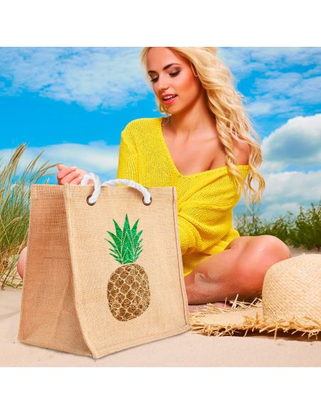 Sac d'Été en Toile de Jute avec Ananas en Sequin / Dimensions : 42 x 34 cm