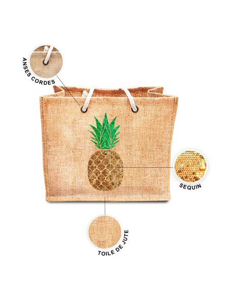 Sac d'Été en Toile de Jute avec Ananas en Sequin / Dimensions : 42 x 34 cm