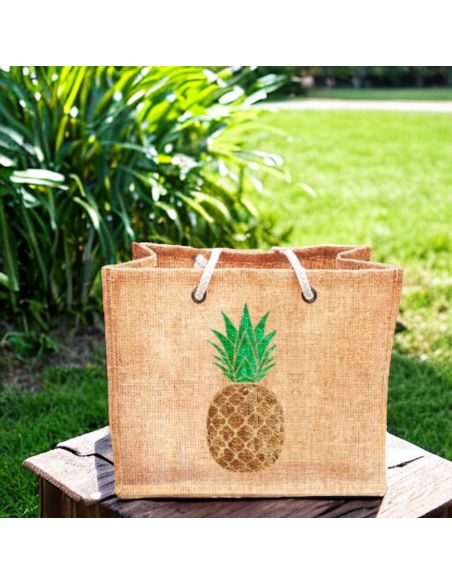 Sac d'Été en Toile de Jute avec Ananas en Sequin / Dimensions : 42 x 34 cm