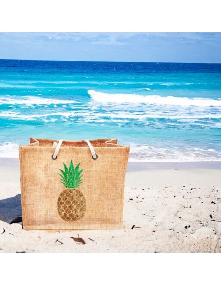 Sac d'Été en Toile de Jute avec Ananas en Sequin / Dimensions : 42 x 34 cm