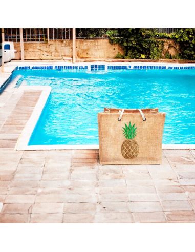 Sac d'Été en Toile de Jute avec Ananas en Sequin / Dimensions : 42 x 34 cm