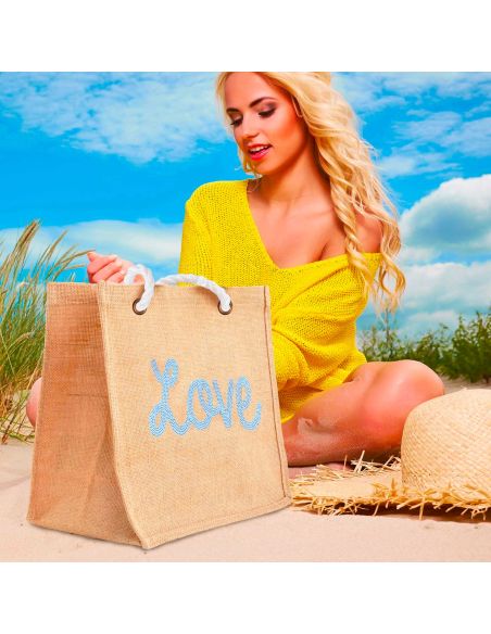 Sac d'Été en Toile de Jute avec Love en Sequin / Dimensions : 42 x 34 cm