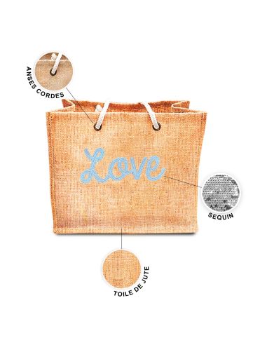 Sac d'Été en Toile de Jute avec Love en Sequin / Dimensions : 42 x 34 cm