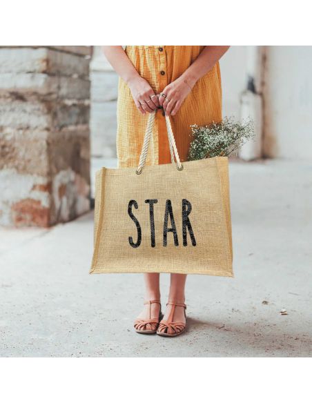 Sac d'Été en Toile de Jute avec Star en Sequin / Dimensions : 42 x 34 cm