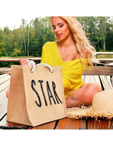 Sac d'Été en Toile de Jute avec Star en Sequin / Dimensions : 42 x 34 cm