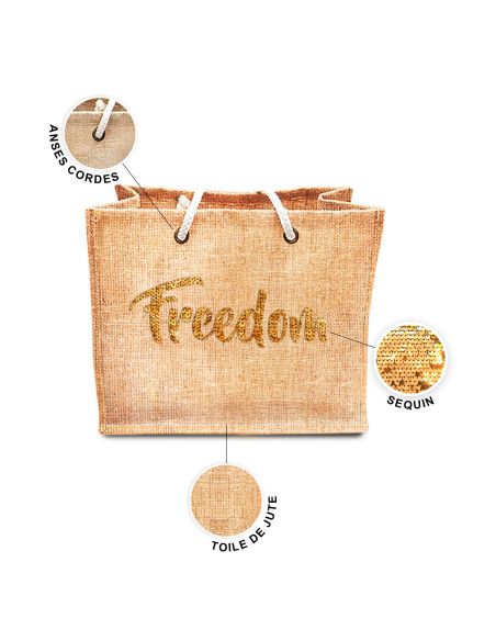 Sac d'Été en Toile de Jute avec Freedom en Sequin / Dimensions : 42 x 34 cm