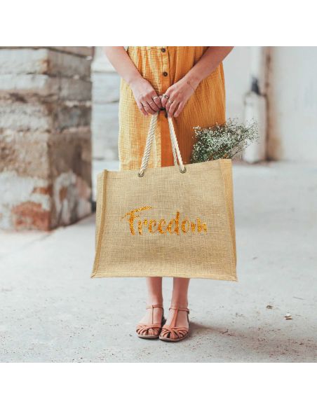 Sac d'Été en Toile de Jute avec Freedom en Sequin / Dimensions : 42 x 34 cm