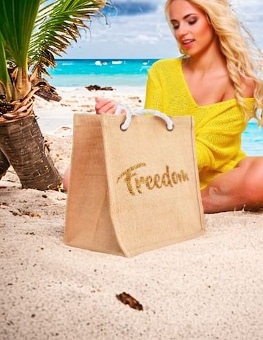 Sac d'Été en Toile de Jute avec Freedom en Sequin / Dimensions : 42 x 34 cm