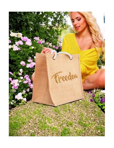 Sac d'Été en Toile de Jute avec Freedom en Sequin / Dimensions : 42 x 34 cm