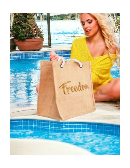 Sac d'Été en Toile de Jute avec Freedom en Sequin / Dimensions : 42 x 34 cm