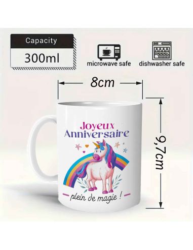 Mug Joyeux anniversaire Licorne - Dimensions : 11,5 x 8 x 9,7 cm