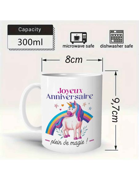 Mug Joyeux anniversaire Licorne - Dimensions : 11,5 x 8 x 9,7 cm