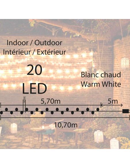 Guirlande Lumineuse d'Extérieur 20 Ampoules Blanches LEDS - Longueur : 5,70 Mètres
