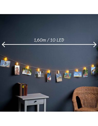 Guirlande Lumineuse d'Intèrieur 10 Leds - avec Pinces Porte Photos - Longueur : 1,60 m.