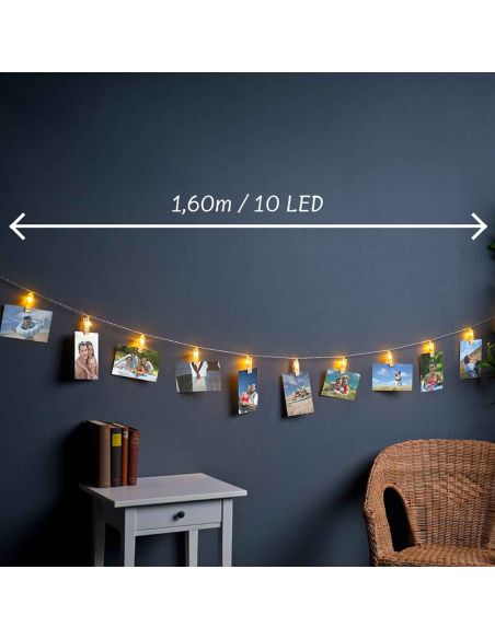 Guirlande Lumineuse d'Intèrieur 10 Leds - avec Pinces Porte Photos - Longueur : 1,60 m.