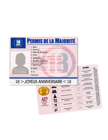 Faux Permis Humoristique de la Majorité 18 Ans - Version Féminine